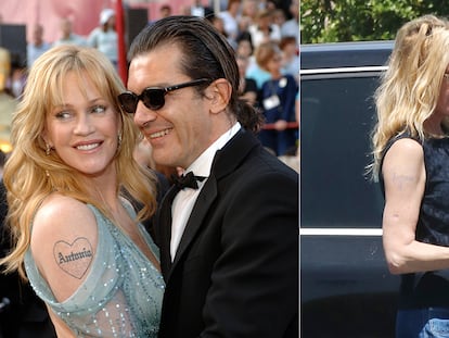 Antes y después del tatuaje de Melanie Griffith. En la imagen a la izquierda, la actriz con Antonio Banderas en 2005 y, a la derecha, después de que la pareja se separó en 2014. Griffith acudía a varias sesiones de láser para quitarse el tatuaje.