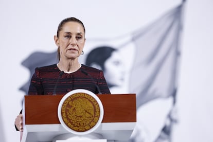 Claudia Sheinbaum en conferencia de prensa, este viernes en Palacio Nacional.