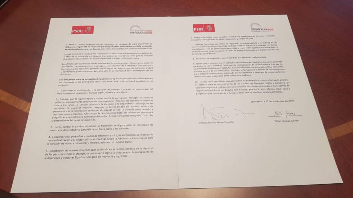 Texto íntegro del preacuerdo de PSOE y Unidas Podemos para un Gobierno ...
