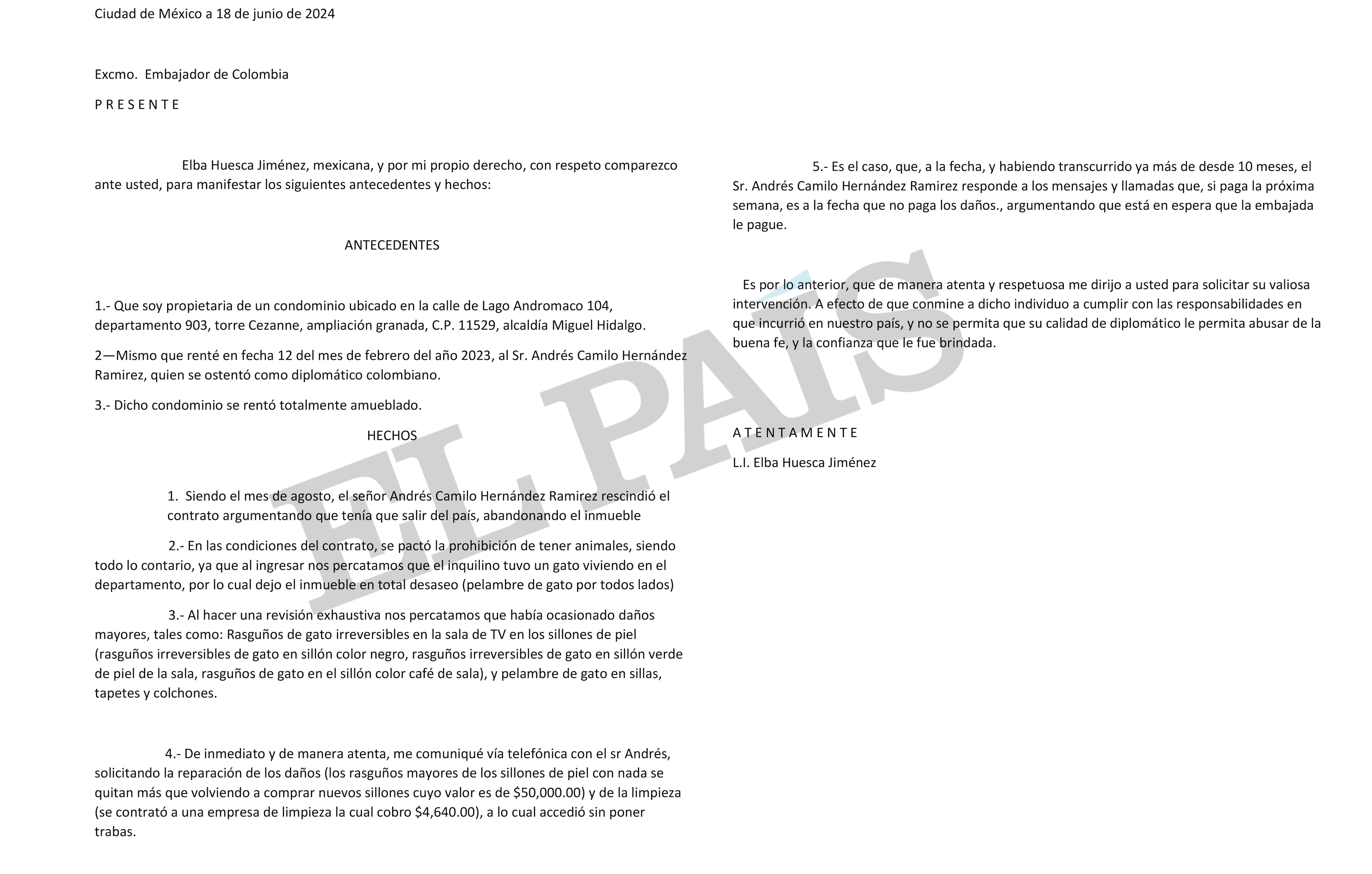 Carta de la propietaria de uno de los apartamentos en los que vivió el cónsul Andrés Hernández.