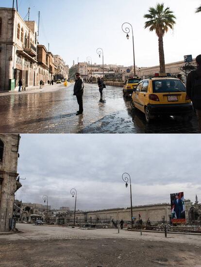 Entrada de la Mezquita Omeya de Alepo. En la parte superior, foto tomada en 2010; en la inferior, foto tomada en 2017.
