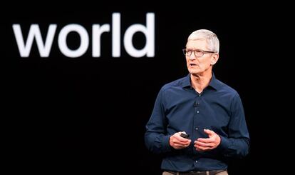 (FILES) In this file photo taken on September 12, 2018 Apple CEO Tim Cook speaks during an Apple event in Cupertino, California. - Cook, on January 17, 2019, called on US lawmakers to pass privacy legislation enabling consumers to see and delete their harvested online personal data from a central clearinghouse. (Photo by NOAH BERGER / AFP)