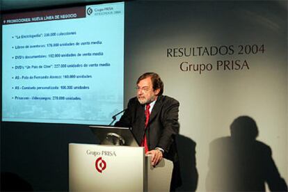Juan Luis Cebrián, durante la presentación de los resultados de PRISA.