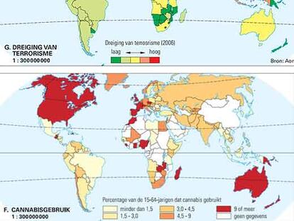 Mapa del riesgo de atentados terroristas (arriba) y del consumo anual por persona de hachís.
