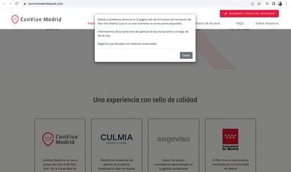 Captura de pantalla tomada a las 12.03 del 19 de octubre que confirma problemas técnicos con el formulario del Plan Vive.