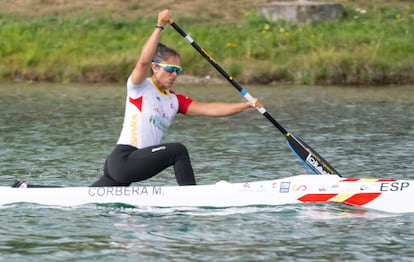 Spain's Maria Corbera competes to win the women's C1 500 meters canoe sprint final at the European Canoe Sprint Championships in Munich, Germany, Friday, Aug. 19, 2022. (Sven Hoppe/dpa via AP)