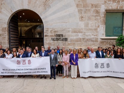 Los grupos parlamentarios de las Cortes Valencianas, con dos pancartas, en el acto de condena de los últimos asesinatos machistas el lunes pasado.