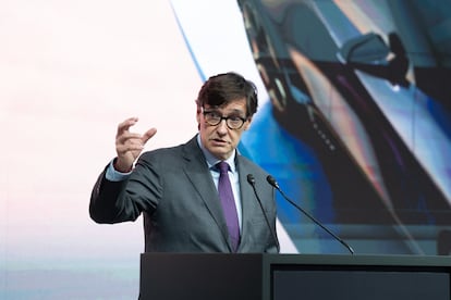 El presidente de la Generalitat de Catalunya, Salvador Illa, durante el acto de celebración del 75 aniversario de Seat, en Fira de Barcelona, el 9 de mayo.