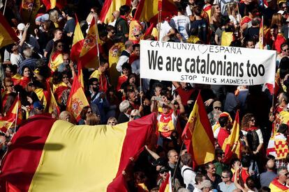 Protesters at the march against the Catalan independence drive on Sunday.