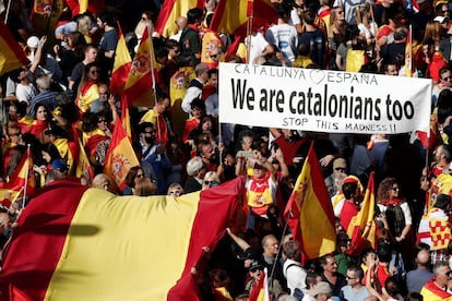 Protesters at the march against the Catalan independence drive on Sunday.