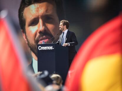 El presidente del PP, Pablo Casado, durante la clausura de la Convención Nacional del PP, en la Plaza de Toros de Valencia.