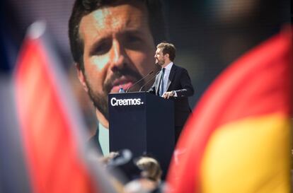 El presidente del PP, Pablo Casado, durante la clausura de la Convención Nacional del PP, en la Plaza de Toros de Valencia.