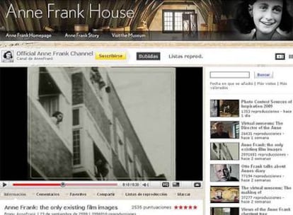 Aspecto del <a href="http://www.youtube.com/annefrank" target="_blank">canal sobre Ana Frank en YouTube</a> . En la imagen en blanco y negro se aprecia a la joven asomada a una ventana