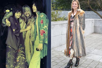 Parece el mismo abrigo. Sin embargo, casi 50 años separan ambas imágenes. Kate Moss lo lució en un desfile en 2015 y Pallenberg se le adelantó en 1968.