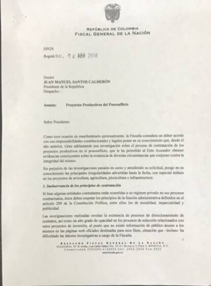 Carta del fiscal al presidente Santos.