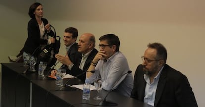 Carolina Bescansa, Pablo Casado, Patxi L&oacute;pez y Juan Carlos Girauta, antes del debate. 