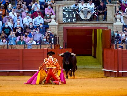 El torero Manuel Escribano recibe al toro a puerta gayola en la corrida de la Feria de San Miguel (Sevilla) del 3 de octubre.