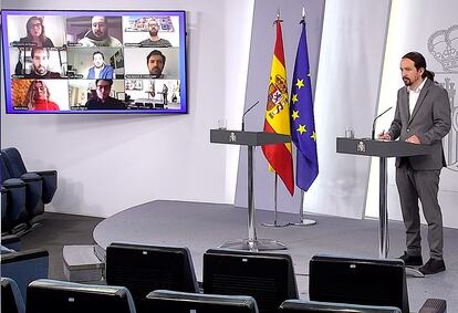 Pablo Iglesias, este jueves en rueda de prensa en La Moncloa.