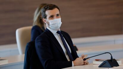 El presidente del PP, Pablo Casado, durante la inauguración del hospital Isabel Zendal, este lunes en Madrid.