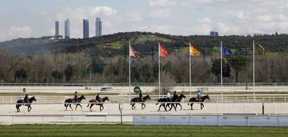 Con las cuatro torres de fondo, varios jinetes practican en el Hipódromo de la Zarzuela, una de las instalaciones propuestas por Madrid para los Juegos de 2020.