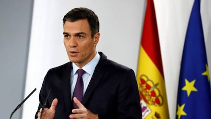 Pedro Sánchez el lunes en una comparecencia en el Palacio de la Moncloa.
