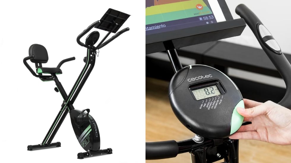 Bicicleta estática plegable con soporte para el móvil.