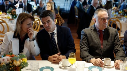 El presidente de la Generalitat Valenciana, Carlos Mazn (en el centro), conversa con la vicepresidenta, Susana Camarero, ante el 'conseller' para la recuperacin Econmica, Francisco Jos Gan Pampols, este mircoles en Valencia.
