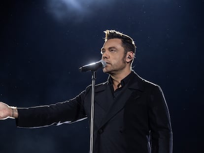 Tiziano Ferro performs during a concert in Naples in June 2023.