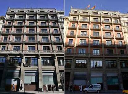 A la izquierda, el Departamento de Gobernación sin ninguna bandera a media mañana. A la derecha, el mismo edificio con las dos banderas.