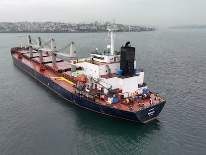 Un barco con bandera de Liberia transporta cereales al sur de Estambul, este miércoles.