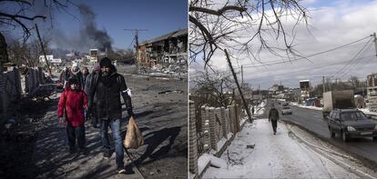 Varios civiles caminaban en medio de la destrucción mientras de un área disputada entre las localidades de Bucha e Irpin, el 10 de marzo de 2022. A la derecha, una escena callejera, el 7 de febrero de este año en Irpin. 