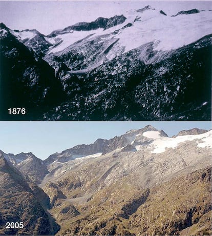 El más que evidente retroceso del hielo en el pico Aneto ha dejado al descubierto las morrenas terminales del avance del glaciar en 1876. En la fotografía inferior (2005), la separación entre estas y el borde del glaciar actual es notable.