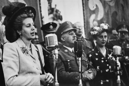 Eva Perón with Franco and the dicatator's wife, Carmen Polo, in June 1947.