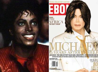 A la izquierda, Jackson en su vídeo musical <i>Thriller,</i> hace 25 años. A la derecha, portada actual de la revista <i>Ebony.</i>