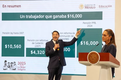 Martí Batres habla sobre el cambio de las pensiones de los maestros a través de los últimos gobiernos, esta mañana en la conferencia matutina con Claudia Sheinbaum.