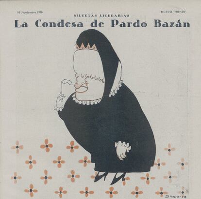 'La condesa de Pardo Bazán', caricatura de Luis Bagaría para la revista 'Nuevo Mundo' (10 de noviembre de 1916).