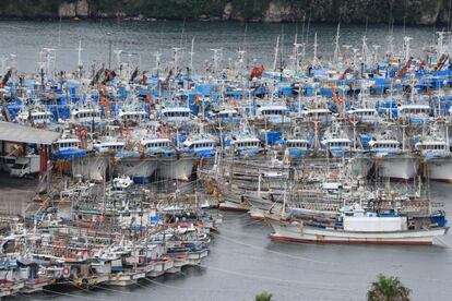 Barcos de pesca atracados en un puerto de Seogwipo, isla de Jeju (Corea del Sur). Las autoridades niponas instaron a evacuar a más de cinco millones de personas en el suroeste del país por el avance hacia la región del fuerte tifón Haishen, que provocó que cientos de vuelos fueran cancelados y alertas por posibles inundaciones.