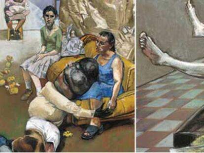 A la izquierda, una parte del tríptico 'El hombre almohada' (2004); a la derecha, 'Metamorfoseándose según Kafka' (2002), obras de Paula Rego.