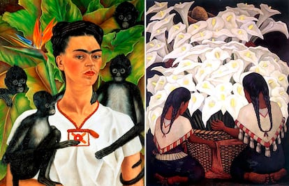 Autorretrato con monos de Frida Kahlo México, 1943 y Vendedora de Alcatraces de  Diego Rivera, México  1943, Colección J. y N. Gelman.