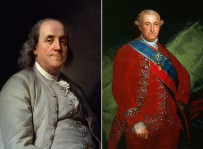 A la izquierda, retrato de Benjamin Franklin, de Josep Sifred Duplessis. A la derecha, Carlos IV pintado por Goya en 1789.