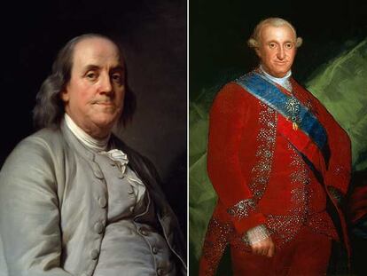 A la izquierda, retrato de Benjamin Franklin, de Josep Sifred Duplessis. A la derecha, Carlos IV pintado por Goya en 1789.