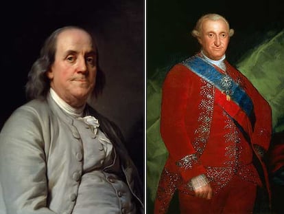 A la izquierda, retrato de Benjamin Franklin, de Josep Sifred Duplessis. A la derecha, Carlos IV pintado por Goya en 1789.