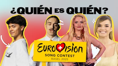 Fotomontaje con algunos de los candidatos de Eurovisión 2025: (de izq. a dcha.) JJ, el representante de Austria; el estonio Tommy Cash; la representante de Finlandia, Erika Vikman; y la española Melody.