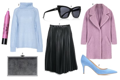 1. POP Lápiz de labios “Pouty Pop Crayon”. 2. Pull & Bear Jersey oversize con cuello vuelto. 3. Le Specs Gafas de sol con montura de pasta. 4. Bershka Abrigo oversize. 5. Mango Falda midi plisada en efecto piel. 6. Stella McCartney Clutch de pelo con print pata de gallo. 7. Gianvito Rossi Salón de ante.