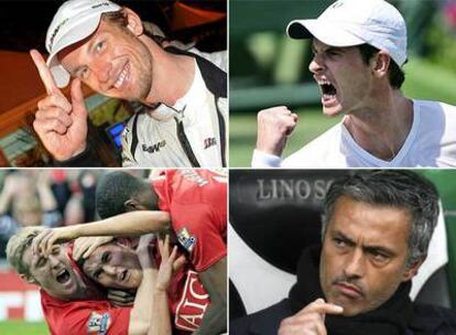 Button festeja el triunfo en Malaisia; Murray un tanto ante Djokovic; Macheda el gol del triunfo del United; y Mourinho posa en el banquillo del Inter.