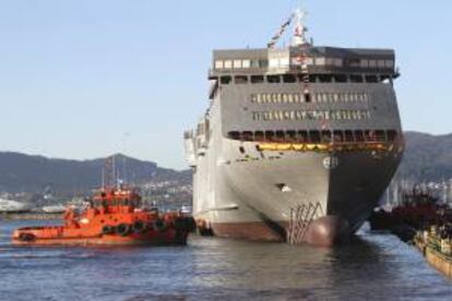 Volcán de Tinamar, ferry encargado por la Naviera Armas, de 178 metros de eslora, 24,6 de manga, con capacidad para transportar a unos 1.200 pasajeros y alcanzar una velocidad de 26 nudos que estará listo para hacer diferentes conexiones en el archipiélago canario en los primeros días de junio, que hoy ha sido botado en el astillero vigués Hijos de J. Barreras. EFE/Archivo