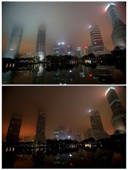 Una fotografía muestra la combinación del distrito financiero de Pudong antes (arriba) y durante la Hora del Planeta en Shanghai, China, 19 de marzo de 2016.