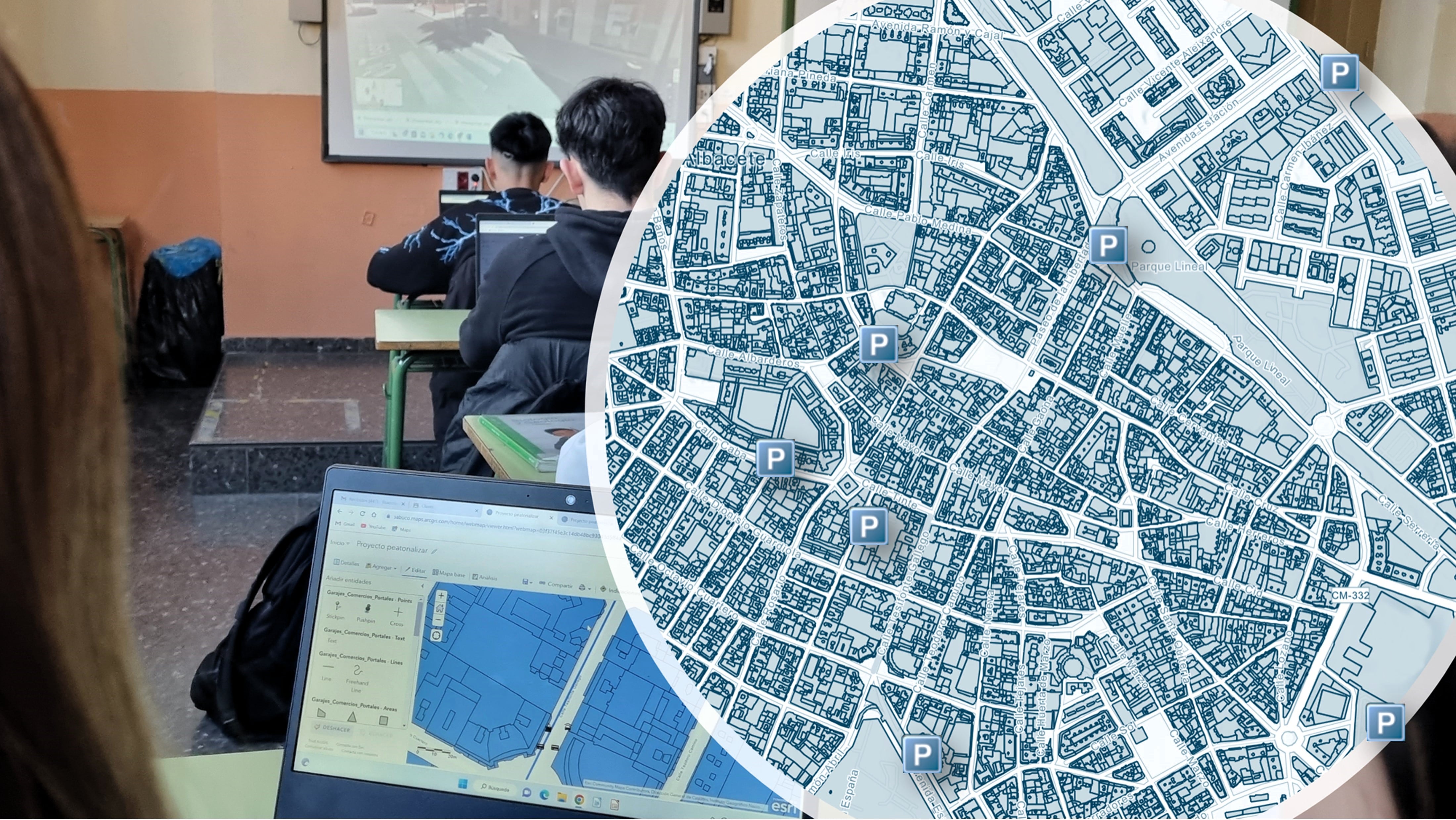 Estudiantes utilizando Google Maps geolocalizan los parkings de la zona próxima a la calle Tesifonte Gallego.