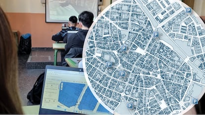 Estudiantes utilizando Google Maps geolocalizan los parkings de la zona prxima a la calle Tesifonte Gallego.