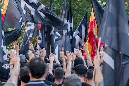 Manifestación de Núcleo Nacional con motivo de exigir la 'remigración' de migrantes, en junio de 2025.